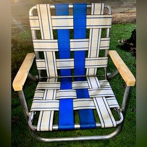 Vintage Aluminum Mesh Woven Beach Chair Multi Royal Blue Retro Low Sand Chair